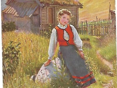 Sennerin in alten Zeiten | © Postkarte/1940 Eine junge Frau in traditioneller Tracht steht in einer blühenden Berglandschaft vor einer malerischen Holzhütte. | © Postkarte/1940