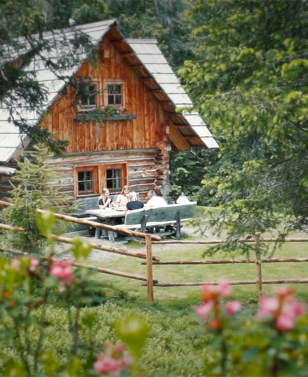 Malerisches Holzhaus umgeben von Bäumen und Blumen, auf einer Terrasse sitzen Menschen und genießen die Natur.