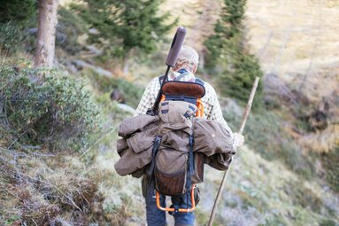 Ein Senior im Outdooroutfit auf einem Waldweg, mit großem Rucksack und Wanderstab, vermutlich auf einer Wanderung. | © Urlaub am Bauernhof Kärnten / Daniel Gollner