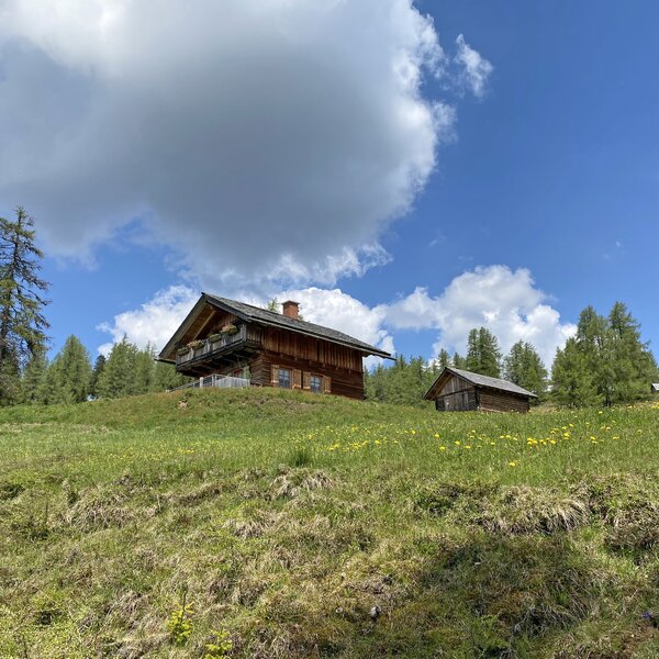 Auf einer grünen Bergwiese stehen mehrere historische Holzhäuser umgeben von Bäumen und einem dramatischen Wolkenhimmel. Die Gebäude haben traditionsreiche Architektur mit Balkonen und Schornsteinen, die eine ruhige, ländliche Atmosphäre ausstrahlen. | © Urlaub am Bauernhof Kärnten / Jasmin Kreulitsch