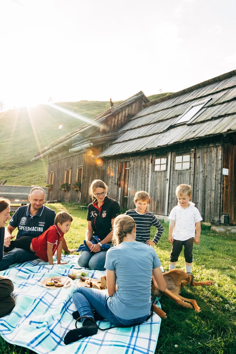 Eine Gruppe sitzt auf einer Decke in einem ländlichen Umfeld. Im Hintergrund ein altes Holzhaus mit Strohdach, umgeben von Wiesen und Hügeln. Die Menschen scheinen eine gesellige Picknick-Auszeit in der Natur zu genießen. | © Urlaub am Bauernhof Kärnten / Daniel Gollner