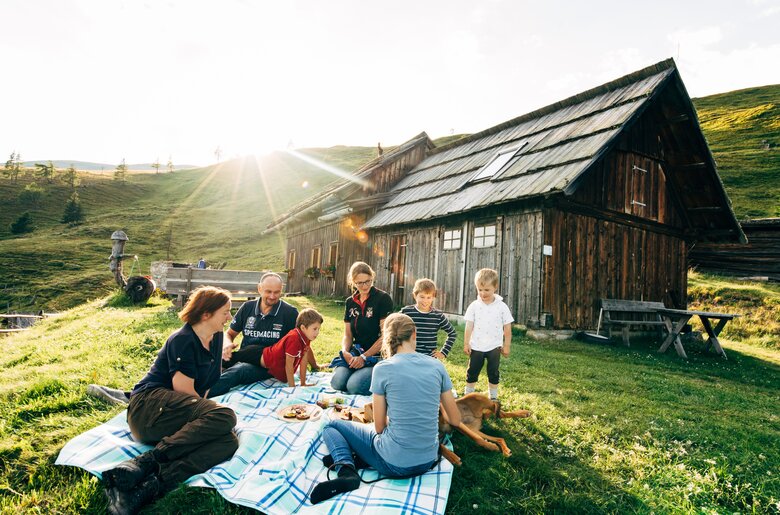 Eine Gruppe sitzt auf einer Decke in einem ländlichen Umfeld. Im Hintergrund ein altes Holzhaus mit Strohdach, umgeben von Wiesen und Hügeln. Die Menschen scheinen eine gesellige Picknick-Auszeit in der Natur zu genießen. | © Urlaub am Bauernhof Kärnten / Daniel Gollner