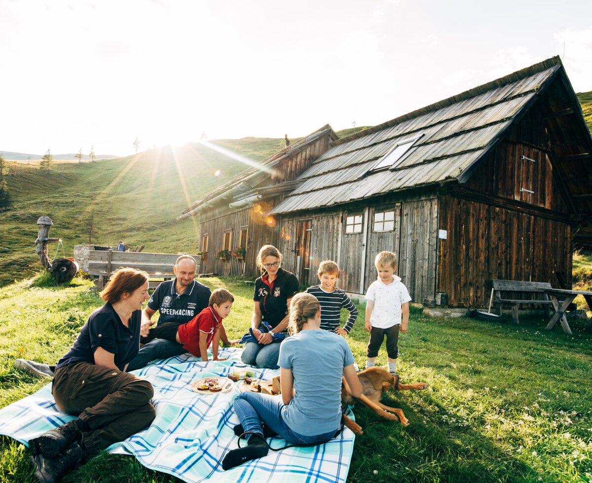 Eine Gruppe sitzt auf einer Decke in einem ländlichen Umfeld. Im Hintergrund ein altes Holzhaus mit Strohdach, umgeben von Wiesen und Hügeln. Die Menschen scheinen eine gesellige Picknick-Auszeit in der Natur zu genießen. | © Urlaub am Bauernhof Kärnten / Daniel Gollner