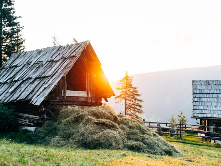 Eine alte Holzhütte mit Strohdach, umgeben von Wäldern, unter einem stimmungsvollen Sonnenuntergang. Heuschober im Vordergrund, die Landschaft von einem malerischen, rustikalen Charme geprägt. | © Urlaub am Bauernhof Kärnten / Daniel Gollner