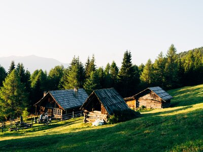 Kärntner Almhütte am Morgen | © Urlaub am Bauernhof Kärnten / Daniel Gollner Malerische Holzhütten in bergiger Waldlandschaft, umgeben von üppiger Vegetation und einem grünen Hügel. Eine idyllische ländliche Szenerie, die Ruhe und Entspannung ausstrahlt. | © Urlaub am Bauernhof Kärnten / Daniel Gollner
