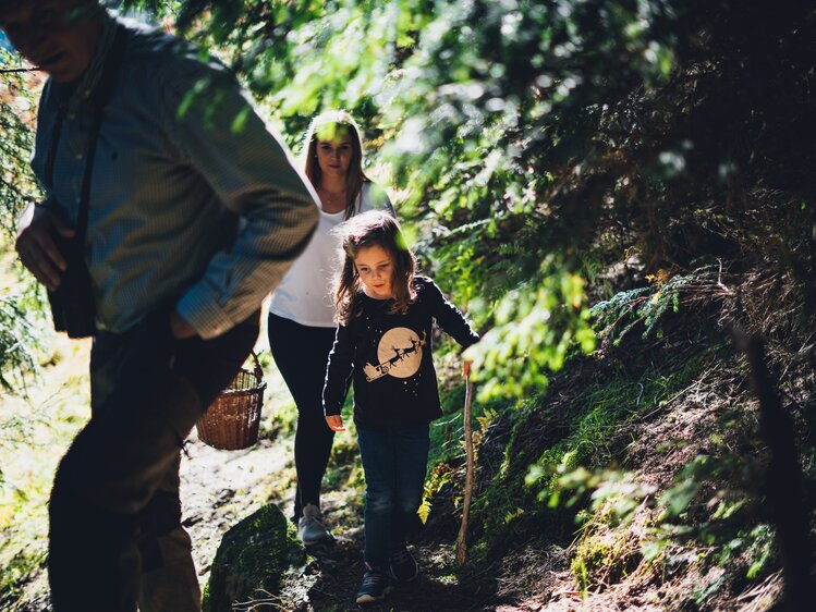 Eine Mutter und ihr Kind wandern durch einen dunkelgrünen Wald, umgeben von üppiger Vegetation. Das Kind trägt ein Sweatshirt mit einem auffälligen Motiv, während die Mutter eine helle Jacke trägt. Sie scheinen einen Ausflug oder eine Wanderung zu unternehmen. | © Urlaub am Bauernhof Salzburg / Daniel Gollner 