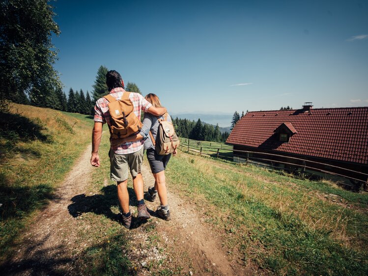 Zwei Wanderer mit Rucksäcken gehen auf einem Weg durch eine grüne Berglandschaft mit Bäumen und einem Haus im Hintergrund. Die Sonne scheint, der Himmel ist blau. | © Urlaub am Bauernhof Steiermark / Daniel Gollner 