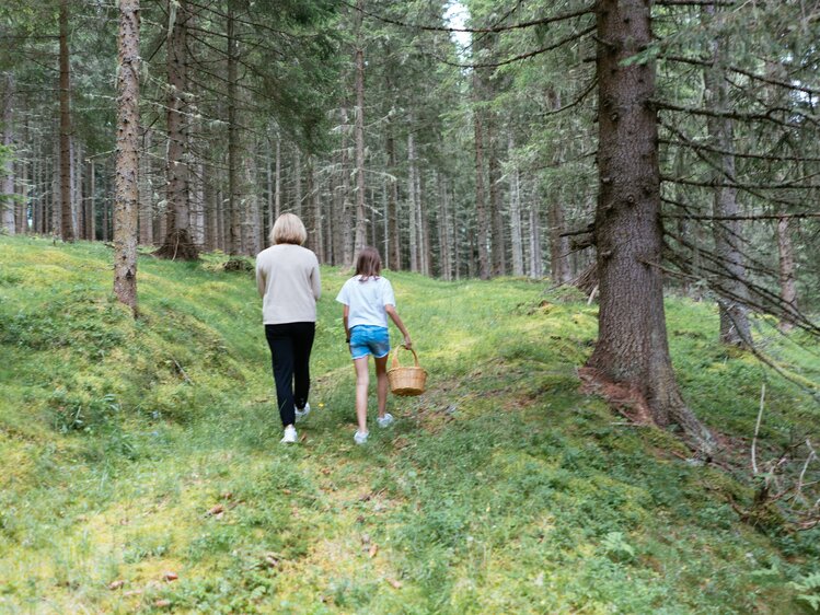 Ein Frau und ein jüngeres Mädchen gehen im Wald Eierschwammerl suchen. Das kleine Mädchen hält einen Korb in der Hand.  | © Urlaub am Bauernhof Kärnten/ Angelina Tschische