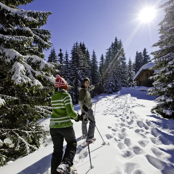 Paar ist mit Schneeschuhen im Wald unterwegs | © Urlaub am Bauernhof Kärnten / Tom Lamm