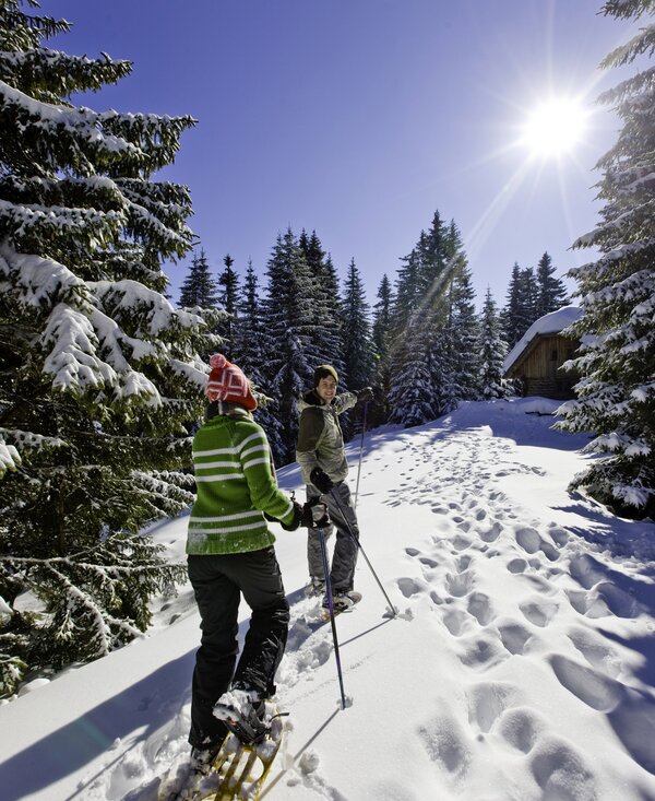 Paar mit Schneeschuhen | © Urlaub am Bauernhof Kärnten / Tom Lamm Paar ist mit Schneeschuhen im Wald unterwegs | © Urlaub am Bauernhof Kärnten / Tom Lamm