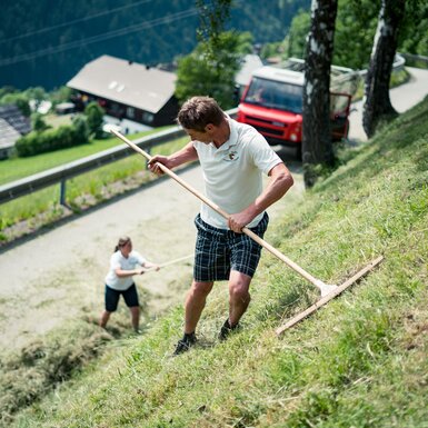 Heu machen | © Urlaub am Bauernhof Kärnten/ Daniel Gollner Frau und Mann machen Heu mit Rechen | © Urlaub am Bauernhof Kärnten/ Daniel Gollner