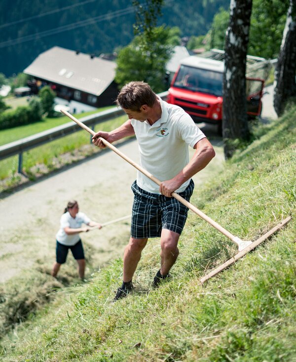 Heu machen | © Urlaub am Bauernhof Kärnten/ Daniel Gollner Frau und Mann machen Heu mit Rechen | © Urlaub am Bauernhof Kärnten/ Daniel Gollner