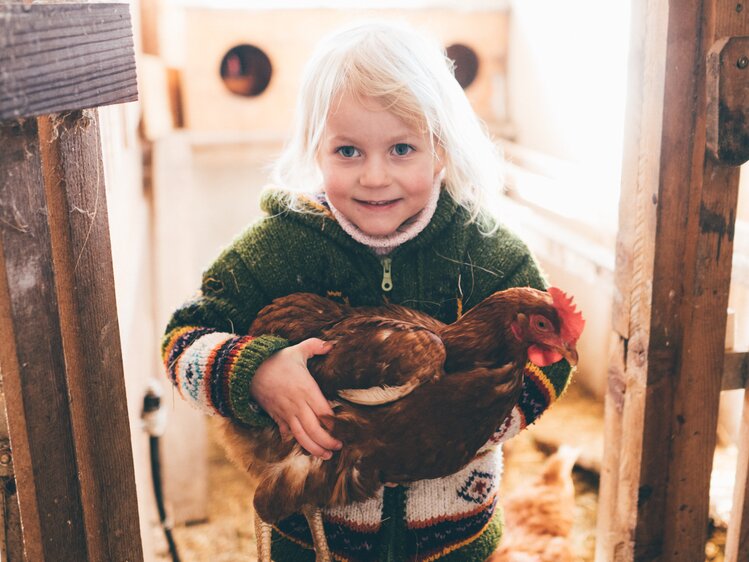 Mädchen hält Huhn in der Hand | © Urlaub am Bauernhof Kärnten / Daniel Gollner