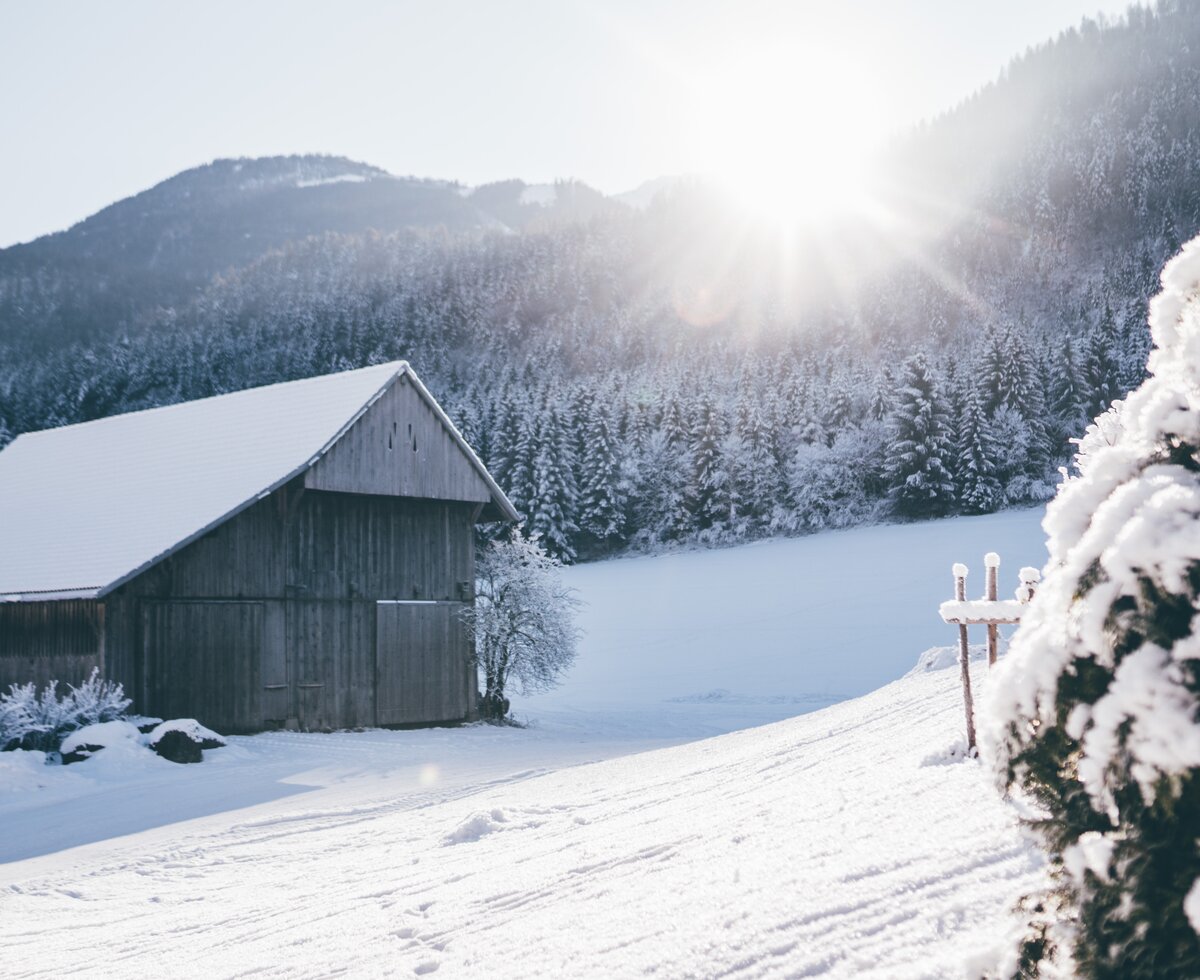 Landschaft mit Hütte im Schnee | © Urlaub am Bauernhof Kärnten/ Daniel Gollner
