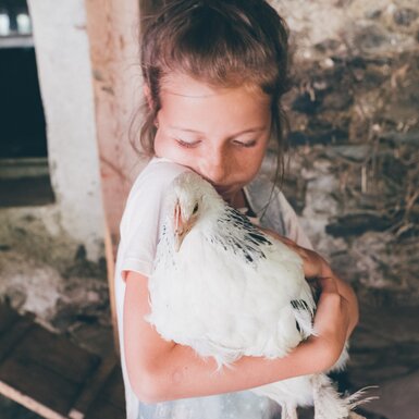 Mädchen hält das Huhn im Arm | © Urlaub am Bauernhof Kärnten / Daniel Gollner