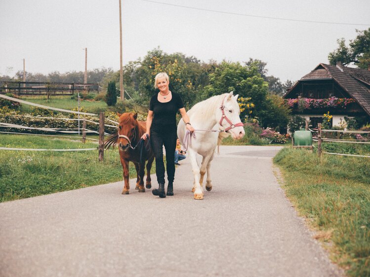 Frau führt Pferde am Weg | © Urlaub am Bauernhof Kärnten / Daniel Gollner