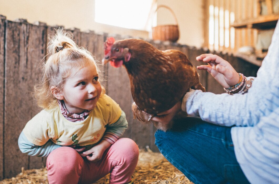 Mädchen hockt vor dem Huhn im Stall | © Urlaub am Bauernhof Kärnten / Daniel Gollner