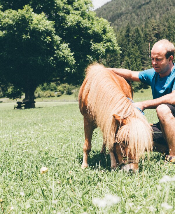 Bauer und das Pony auf der Wiese | © Urlaub am Bauernhof Kärnten / Daniel Gollner