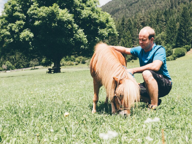 Bauer und das Pony auf der Wiese | © Urlaub am Bauernhof Kärnten / Daniel Gollner