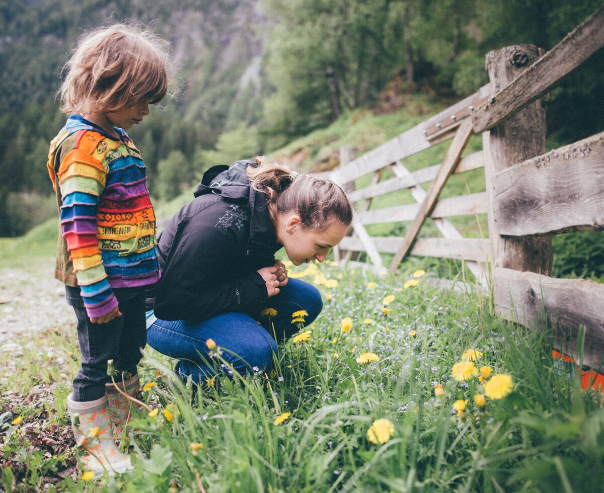 Kinder am Zaun schauen zu den Blumen | © Urlaub am Bauernhof Kärnten/ Daniel Gollner