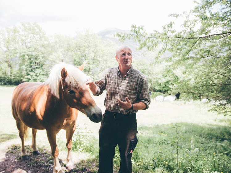 Mann erklärt etwas und hält das Pferd | © Urlaub am Bauernhof Kärnten / Daniel Gollner
