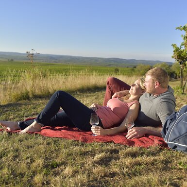 Frau lehnt sich bei Mann an beim Picknick im Weingarten | © Urlaub am Winzerhof / Ralph Fischbacher