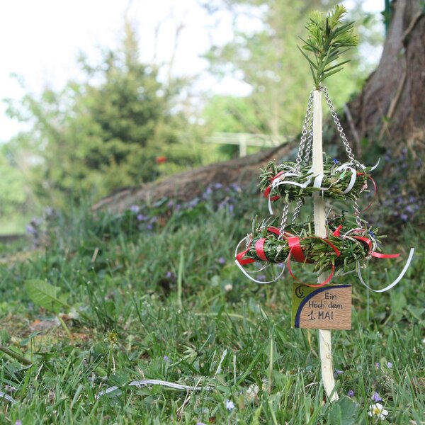 Miniatur-Maibaum vor einem Baum | © Urlaub am Bauernhof Oberösterreich / Landjugend OÖ