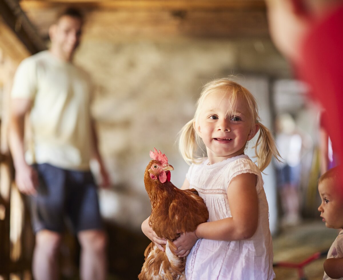 Mädchen hält ein Huhn auf dem Arm | © Urlaub am Bauernhof Oberösterreich / Alexander Kaiser
