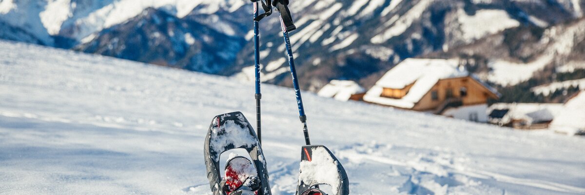Schneeschuhe auf der verschneiten Wiese vor dem Panorama des winterlichen Toten Gebirges, Nationalparkregion Kalkalpen | © Urlaub am Bauernhof Oberösterreich / Pascal Baronit