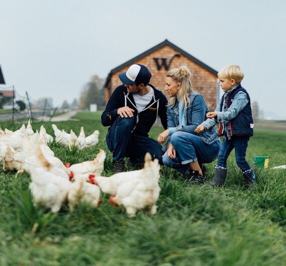 Familie bei Hühnern auf Wiese | © Urlaub am Bauernhof / Daniel Gollner 