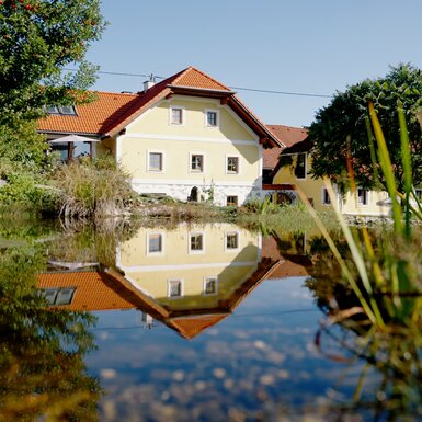 Ein idyllisches Landhaus mit Holzdach spiegelt sich in einem friedlichen Teich, umgeben von üppiger Vegetation und klarem Himmel. Die Atmosphäre vermittelt Ruhe und Naturnähe.