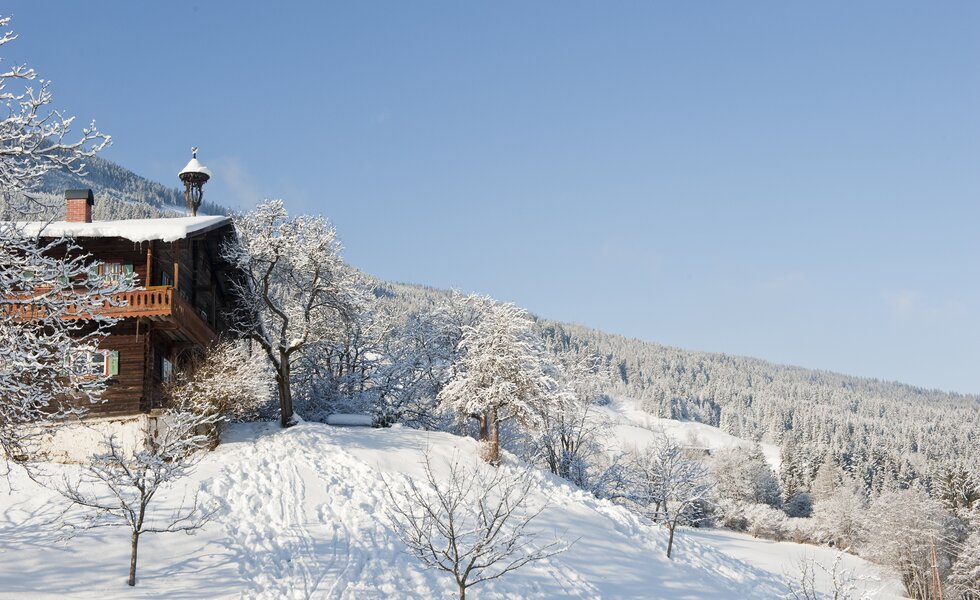 Hof in Winterlandschaft in Hüttau | © Hof in Winterlandschaft Schneebedeckte Berggipfel, verschneite Bäume und ein rustikales Holzhaus in einer winterlichen Landschaft. Ein idyllischer Ort zum Entspannen und Genießen der Natur. | © Hof in Winterlandschaft