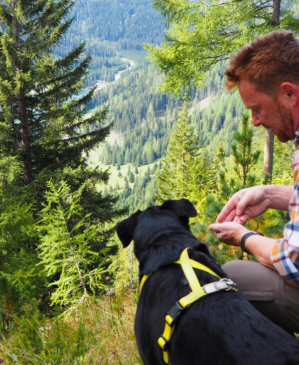 Mann mit Hund beim Wandern | © www.wiederunterwegs.com / Angelika Mandler-Saul Mann mit Hund beim Wandern | © www.wiederunterwegs.com / Angelika Mandler-Saul