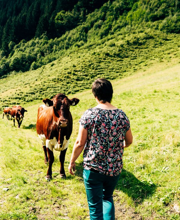 Bäuerin mit Kühen auf der Alm | © Urlaub am Bauernhof im SalzburgerLand / Daniel Gollner Angelika Kaltenhauser besucht ihre Kühe auf der Alm. | © Urlaub am Bauernhof im SalzburgerLand / Daniel Gollner