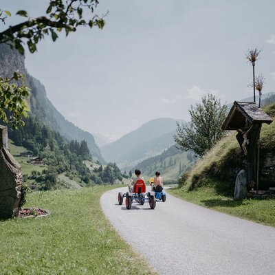 Buben fahren mit Go Karts | © Urlaub am Bauernhof/ Nadja Jabli