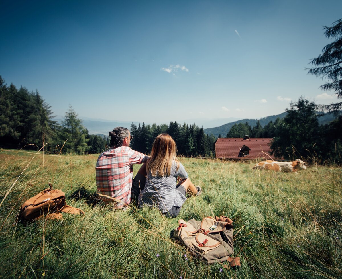Ein Paar sitzt im Gras mit Sicht auf die Hütte und die Berge | © Urlaub am Bauernhof / Daniel Gollner Ein Paar sitzt mit dem Rücken zum Betrachter im Graz, hinter ihnen liegen die Rucksäcke, sie blicken auf die Almhütte, von der das Dach zu sehen ist, eine Kuh liegt etwas entfernt vor ihnen im Gras, mit Blick auf die Aussicht | © Urlaub am Bauernhof / Daniel Gollner