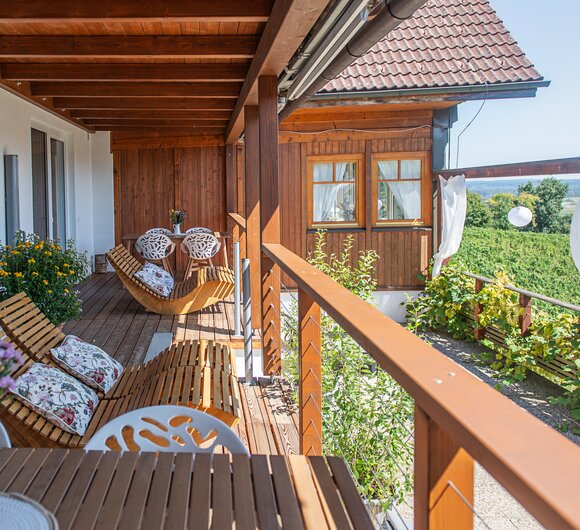Eine gemütliche Terrasse mit Liegen aus Holz, mit Ausblick auf Weinreben. | © Urlaub am Bauernhof / Carletto Ferrari-Brunnenfeld 