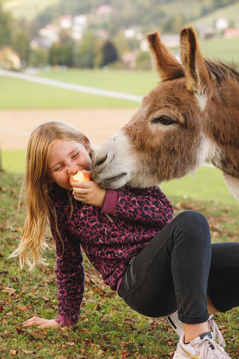 Der Esel möchten den Apfel eines Mädchens haben, Forstbauer, Steiermark | © Urlaub am Bauernhof / Punkt & Komma