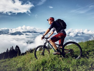 Mountainbiker geniesst die Aussicht vor der Talfahrt | © Urlaub am Bauernhof Vorarlberg / Markus Gmeiner
