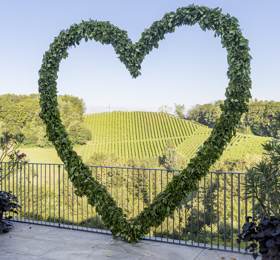 Ein herzförmiger Efeurahmen auf einer Terrasse überblickt eine wunderschöne Weinlandschaft mit Hügeln und Wiesen. | © Urlaub am Bauernhof / Elisabeth Fröhlich