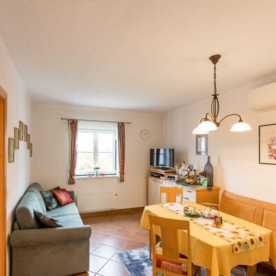 Wohn- und Essbereich mit Sofa, Esstisch und Fernseher.