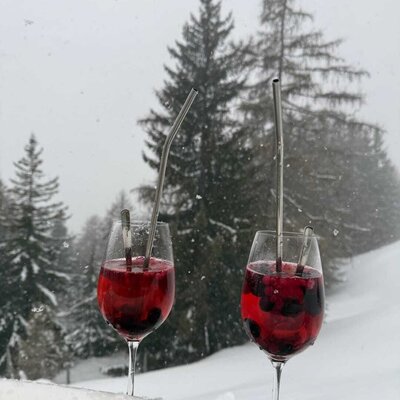 Zwei erfrischende Beeren-Drinks im Schnee vor der verschneiten Winterkulisse der Alm.