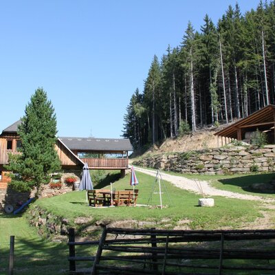 Hof vom Almhaus mit Sitzgelegenheiten und Griller