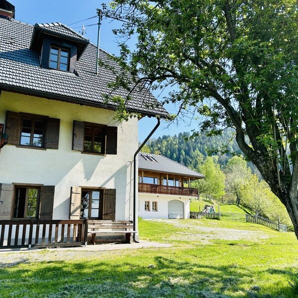 Das Ferienhaus mit Balkon, Holzfensterläden und einer Rasenfläche mit Bergblick.