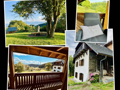 Der Außenbereich des Ferienhauses mit Rasenfläche, verschiedenen Balkonen und Blick auf die umliegende Berglandschaft.