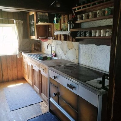 Küche der Alm mit Spüle, Holzschränken und einem Holzofen.