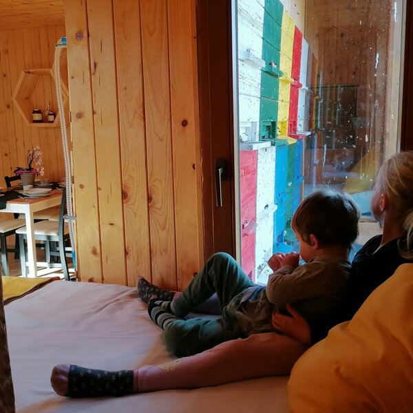 Ein Erwachsener und ein Kind beobachten die bunten Bienenstöcke direkt vor dem Fenster der Ferienwohnung auf dem Bauernhof.