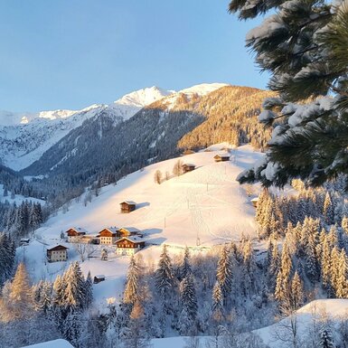 Die winterliche Alpenlandschaft mit schneebedeckten Bergen, Wäldern und Häusern, die den Bauernhof umgibt.