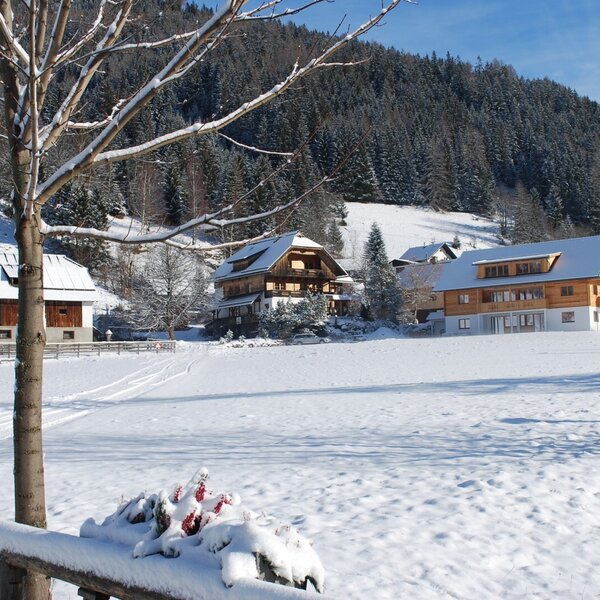 Der Bauernhof in einer schneebedeckten Winterlandschaft, umgeben von Feldern und Bergen.