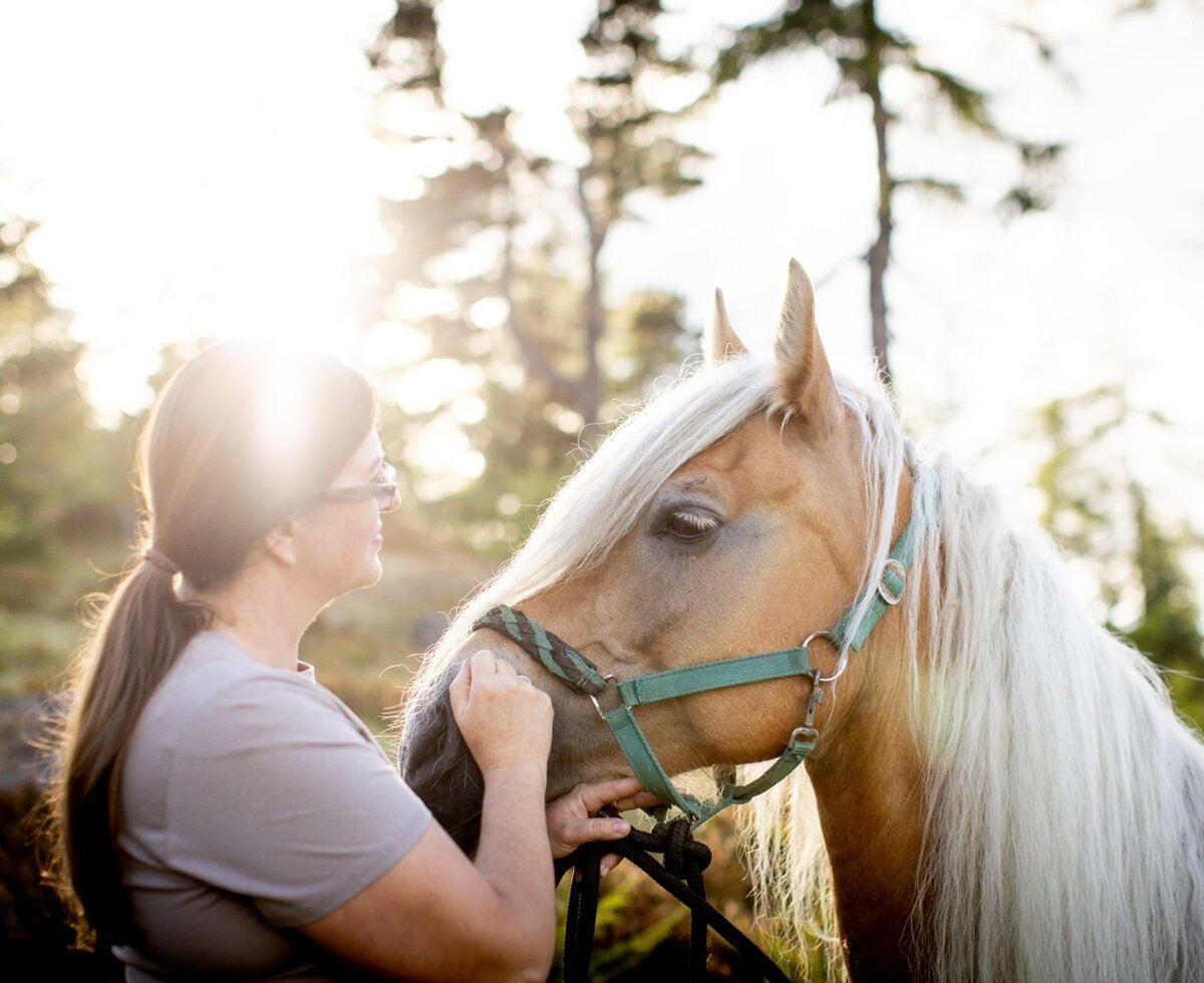 Ein Gast interagiert mit einem Pferd auf der Alm.